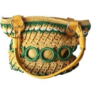Vintage Yellow and Gren Woven Shoulder Purse Leather Strap Bottom Boho Artesania